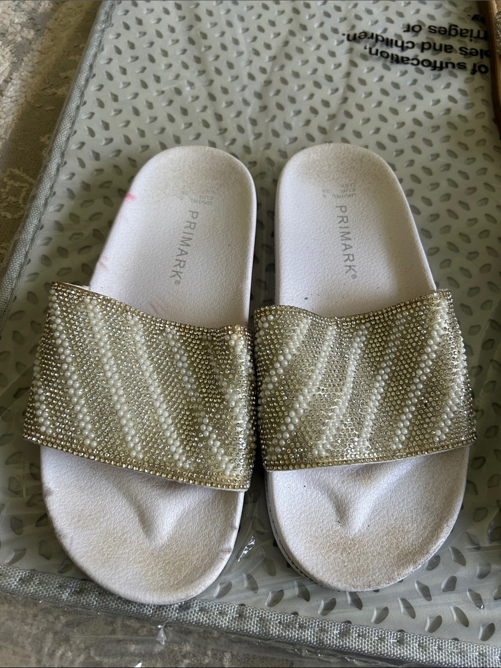 Primark Crystal-Embellished Silver Slip-On Sandals